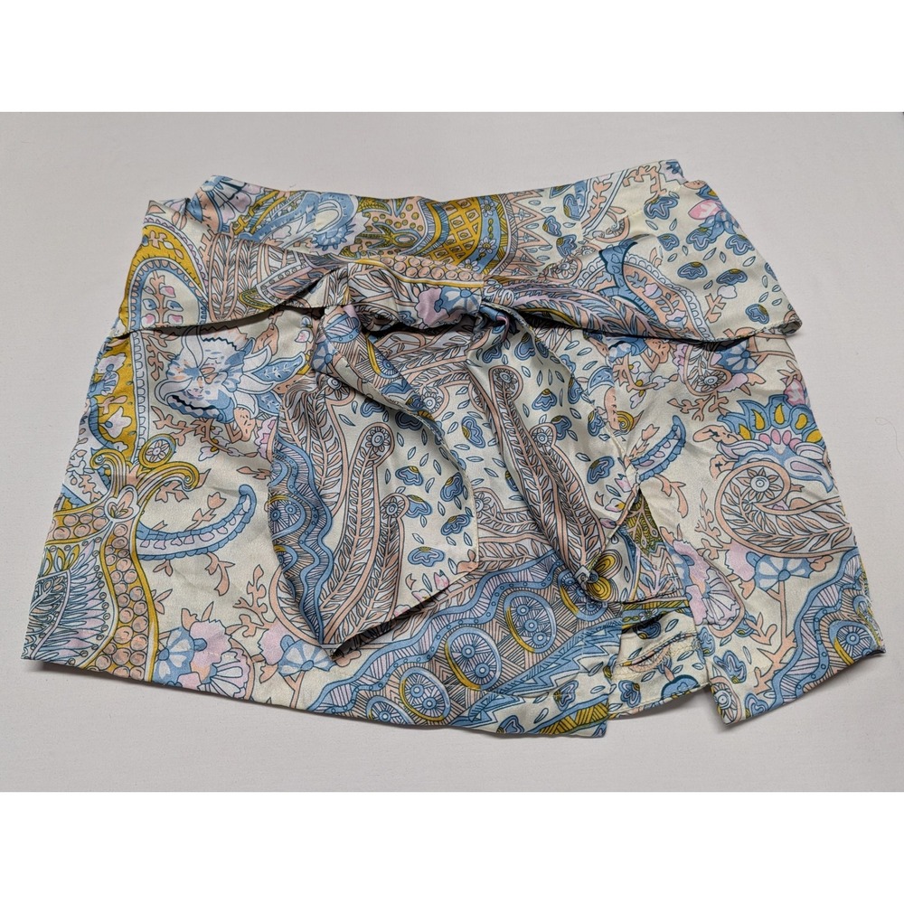 y&i Women Blue Pink Paisley Satin Tie Front Mini Skirt P1023 Size Small